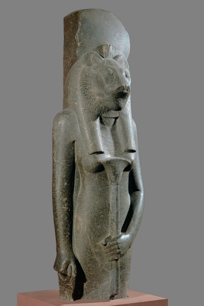De Godin Sekhmet met een scepter in de vorm van een papyrusstengel ... door Egyptian 18th Dynasty