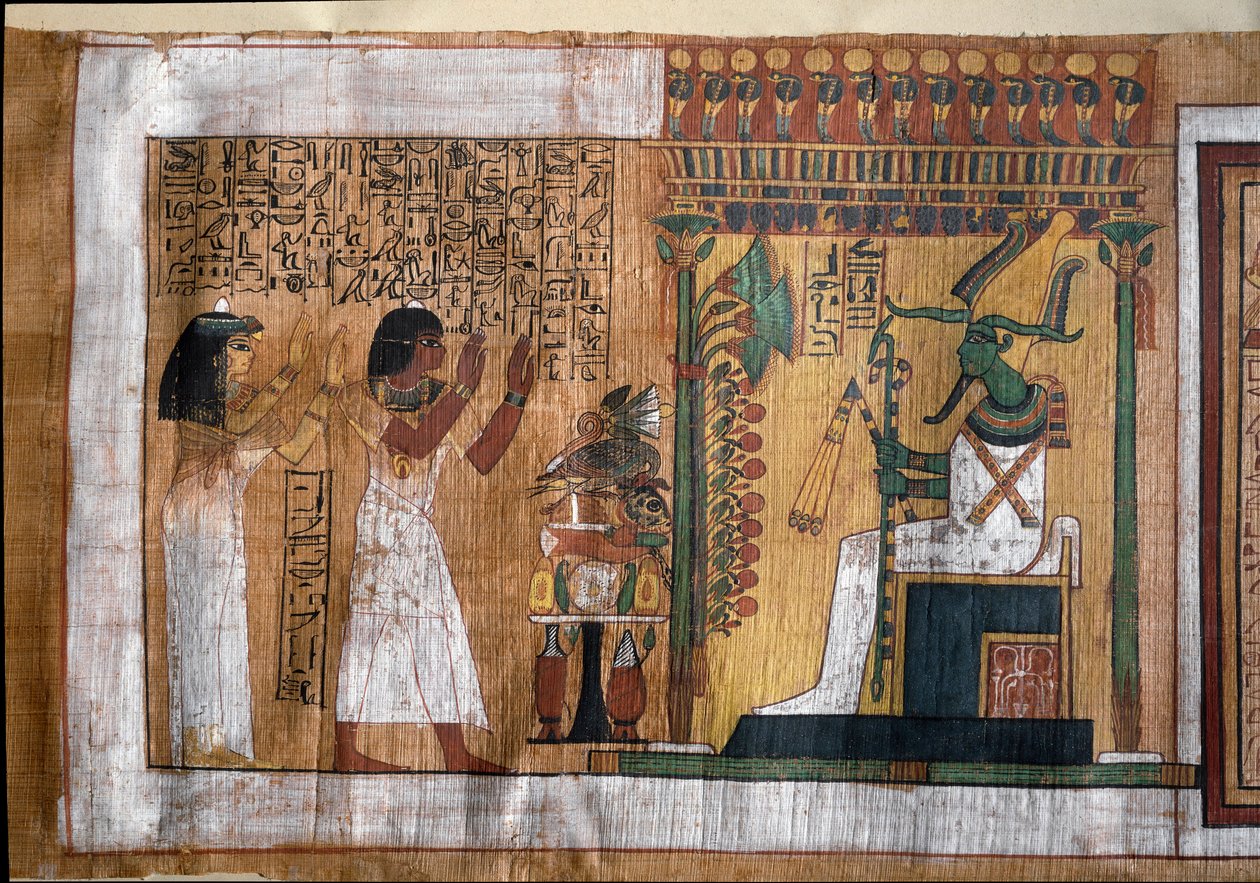 De overledene Kha en zijn vrouw Merit aanbidden Osiris, heer van het hiernamaals - Papyrus uit het Dodenboek, uit de grafkamer van architect Kha door Egyptian 18th Dynasty