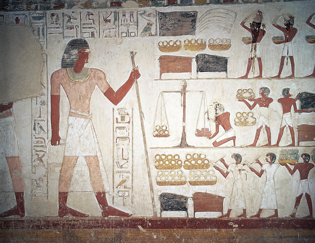 Het wegen van koper, fresco, graf van Userhat, leraar en schrijver tijdens het bewind van Amenhotep II, ook bekend als graf TT56, Sheikh Abd el-Qurna, Thebe (Unesco Werelderfgoedlijst) door Egyptian 18th Dynasty