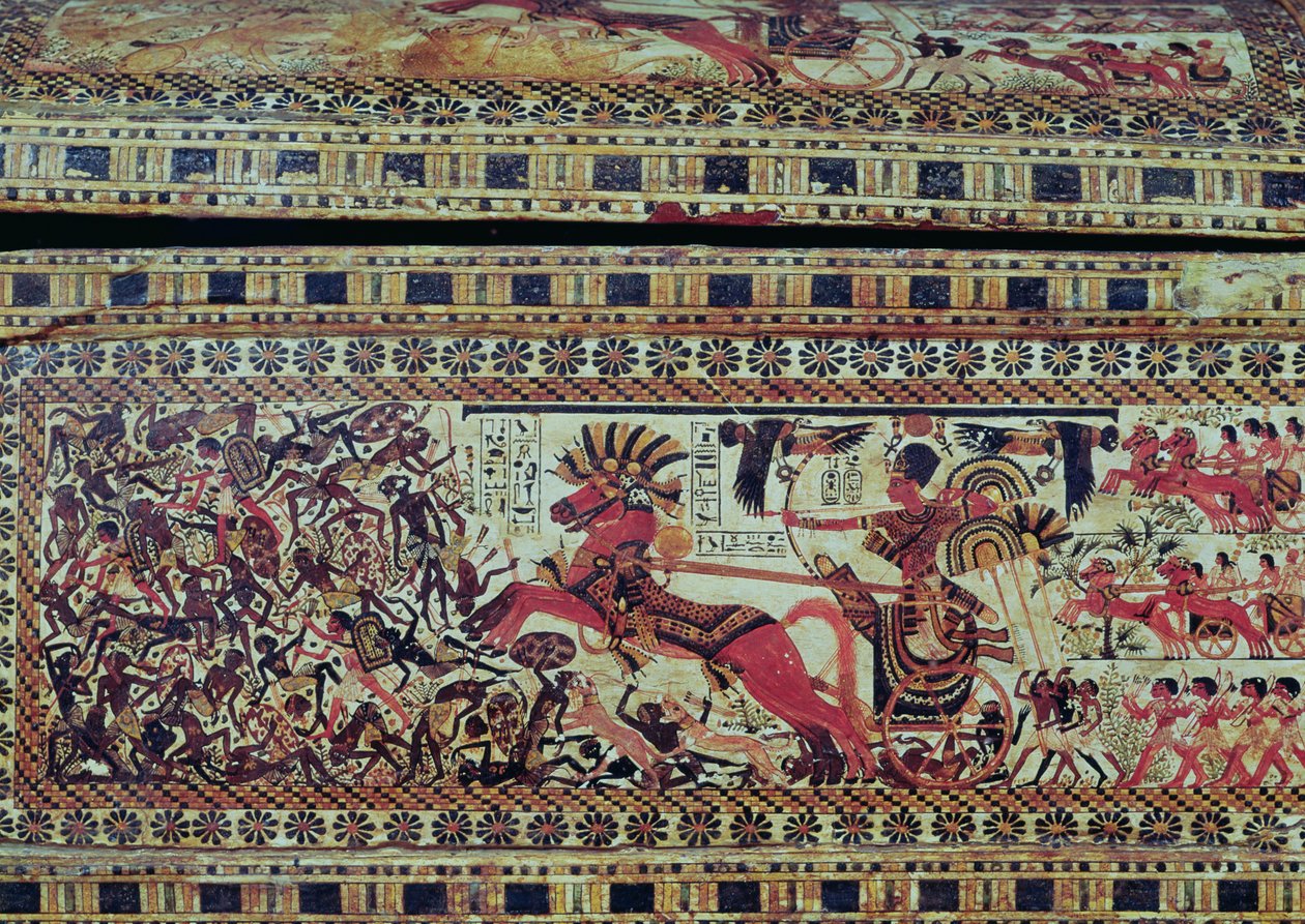 Toetanchamon op zijn strijdwagen die Afrikanen aanvalt (detail) door Egyptian 18th Dynasty