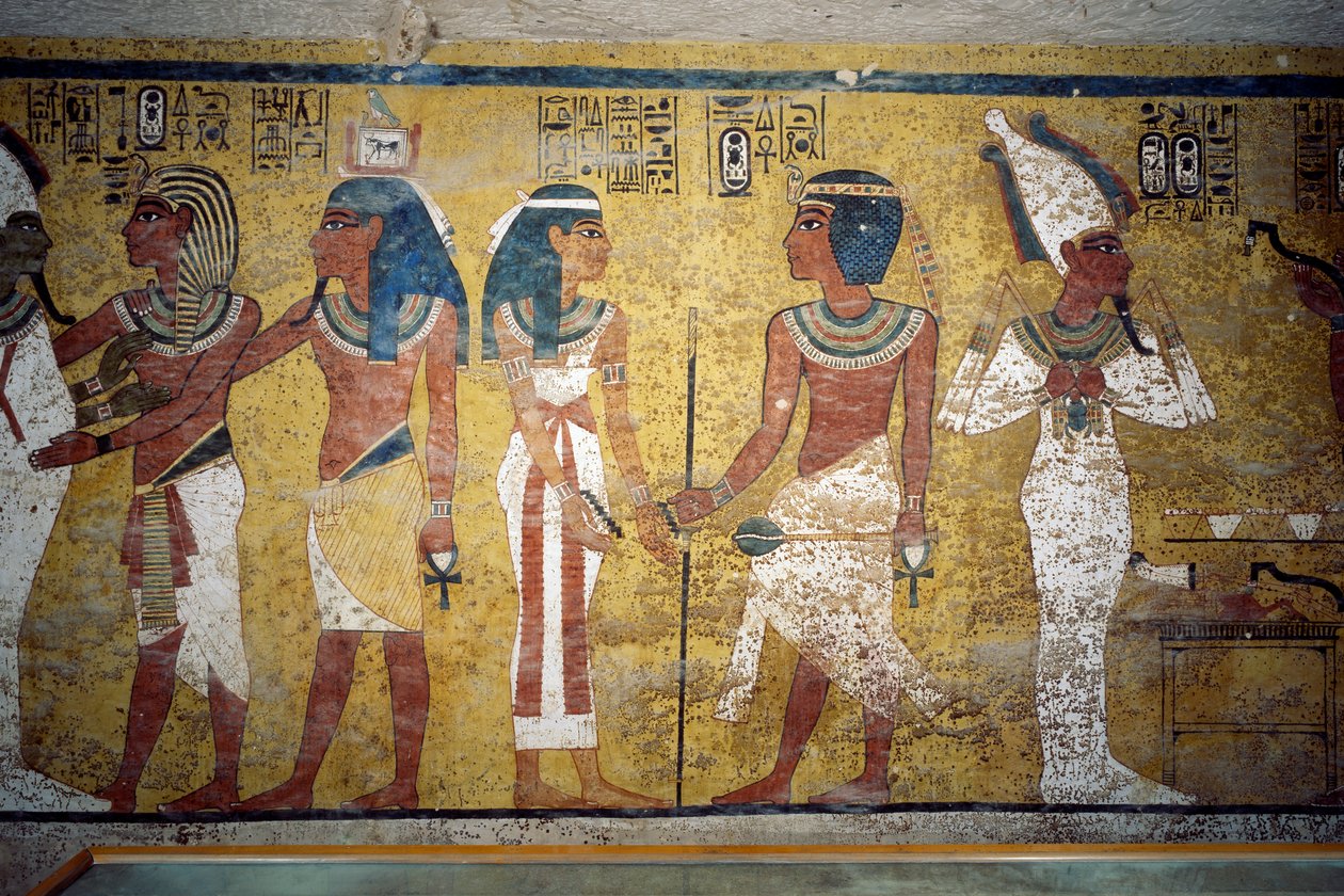 Toetanchamon voor Osiris, farao voor godin Nut en Ay die mondopeningsceremonie uitvoert, fresco, muur van grafkamer, Graf van Toetanchamon, Vallei der Koningen, Thebe, Egypte. Egyptische beschaving, Nieuwe Koninkrijk, Dynastie XVIII door Egyptian 18th Dynasty