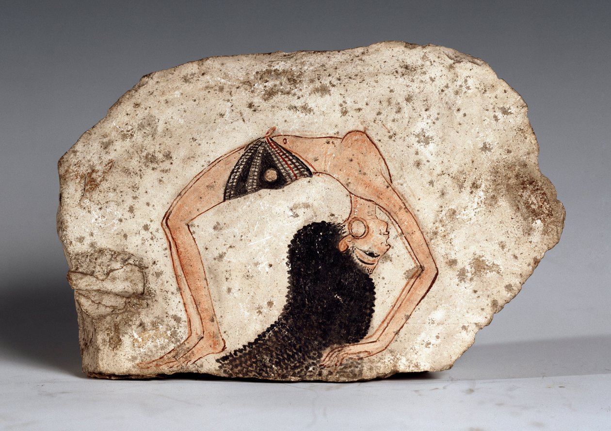 Een vrouwelijke acrobatische danseres, Ostrakon. Kalksteen, circa 1295-1186 v.Chr. door Egyptian 19th Dynasty