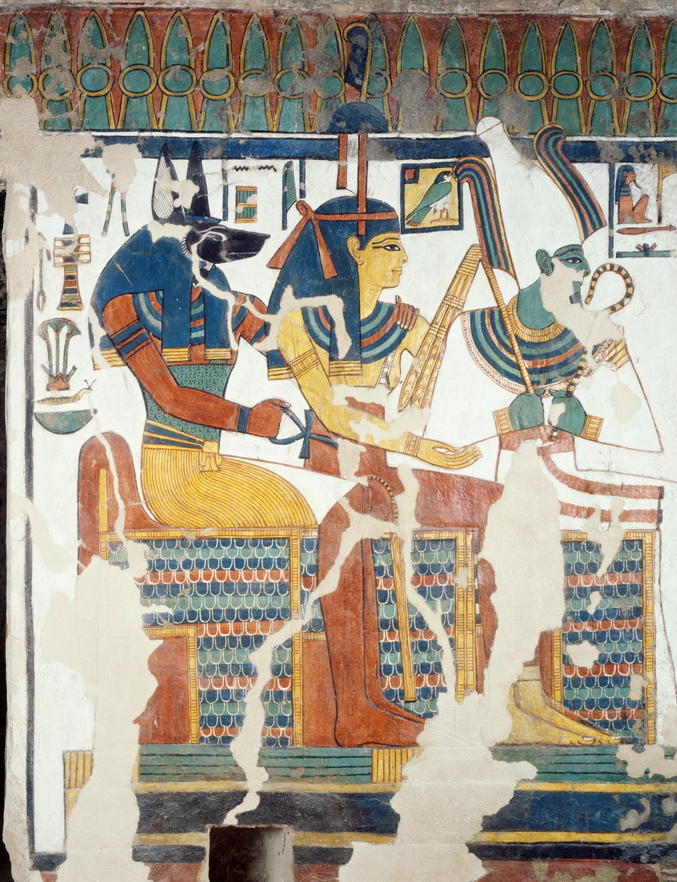 Anubis, Osiris en Nefertari, uit de tweede kamer van het Graf van Nefertari, (detail) door Egyptian 19th Dynasty