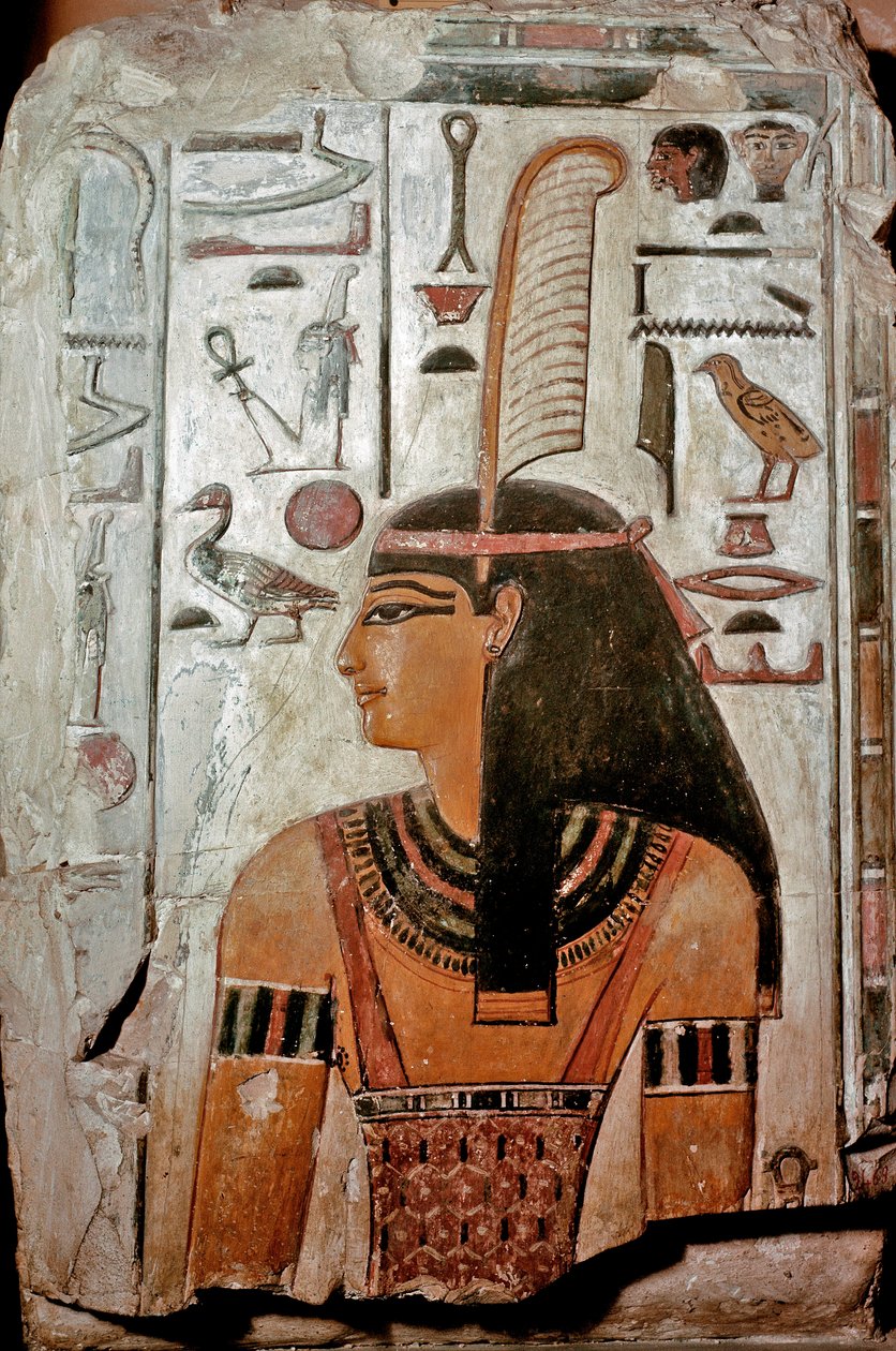Kunst van Egypte: Graf van Sethi I (KV 17). Maat, godin van waarheid en gerechtigheid en hiërogliefen door Egyptian 19th Dynasty