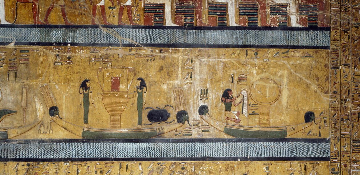 Boten met sistrums, godinnen en scarabee, god met struisvogelveer en maan op doos, fresco uit grote Hypostyle Hal van Tombe van Seti I, Vallei der Koningen, Luxor, Thebe door Egyptian 19th Dynasty