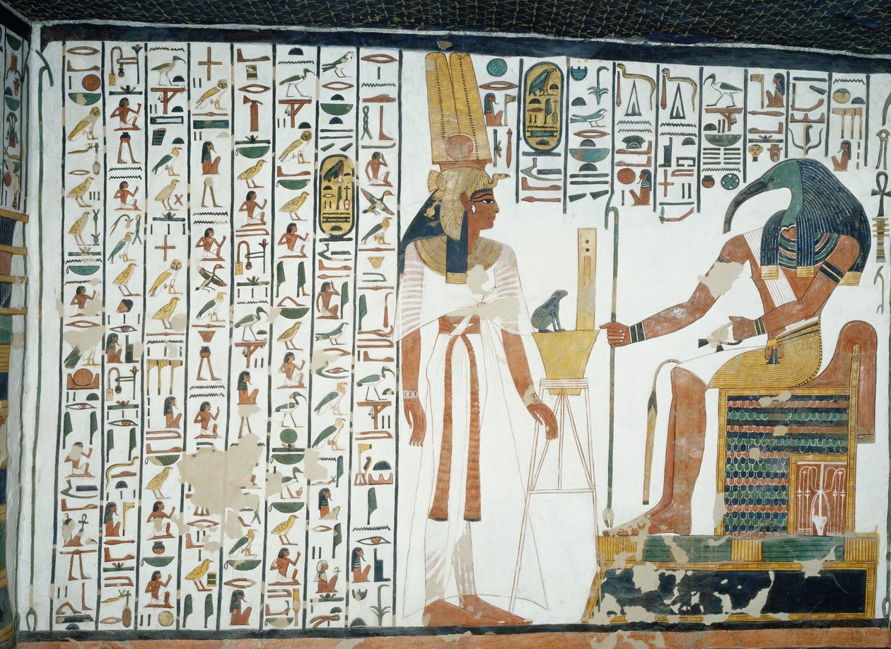 Hoofdstuk 94 van het Dodenboek, Nefertari voor de god Thoth, de ibis-hoofdige schrijver, fresco, noordmuur, oostzijde kamer, Graf van Nefertari (QV66), Vallei der Koninginnen, Thebe. Egyptische beschaving, Nieuwe Rijk, Dynastie XIX. door Egyptian 19th Dynasty