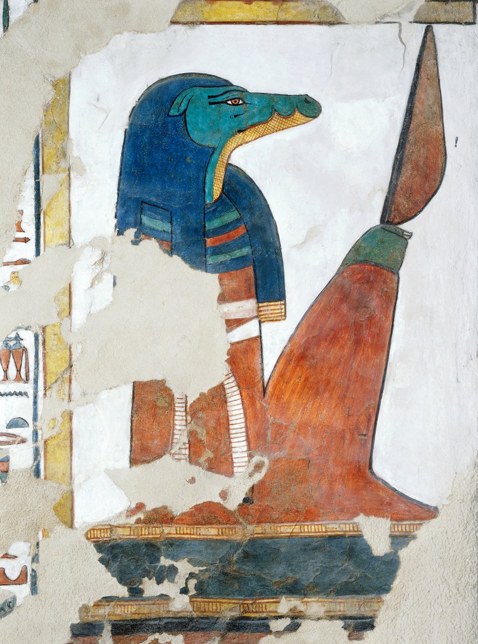Krokodil-hoofdige bewaker van de derde poort naar het Koninkrijk van Osiris, hoofdstuk 146 van het Dodenboek, fresco, grafkamer, Graf van Nefertari, Vallei der Koninginnen, Thebe. Egyptische beschaving, Nieuwe Rijk, Dynastie XIX. door Egyptian 19th Dynasty