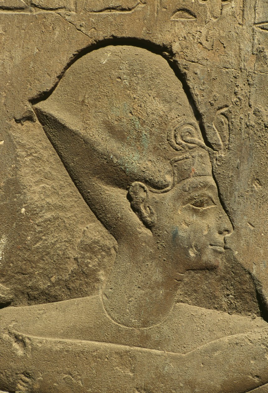 Detail van een reliëf dat een faraohoofd afbeeldt (steen) door Egyptian 19th Dynasty