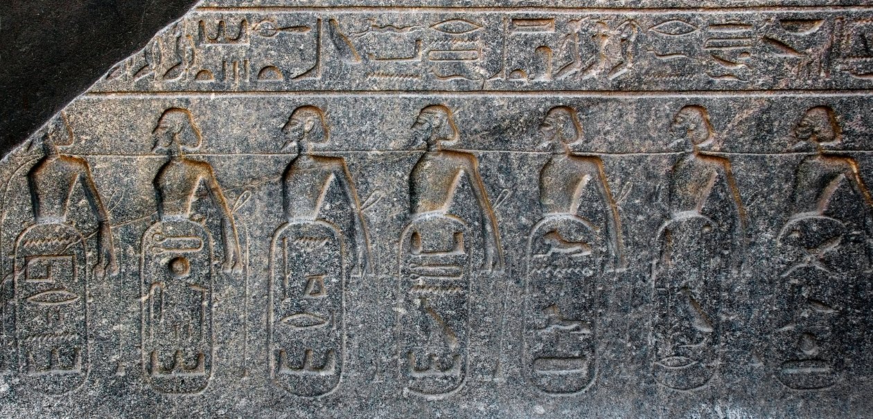 Egyptische oudheid: detail van een reliëf dat de emblemen van de door farao Ramses II (1292-1186 v.Chr.) veroverde gebieden versiert. Tempel van Luxor. Oostelijke oever (Thebe), Egypte door Egyptian 19th Dynasty
