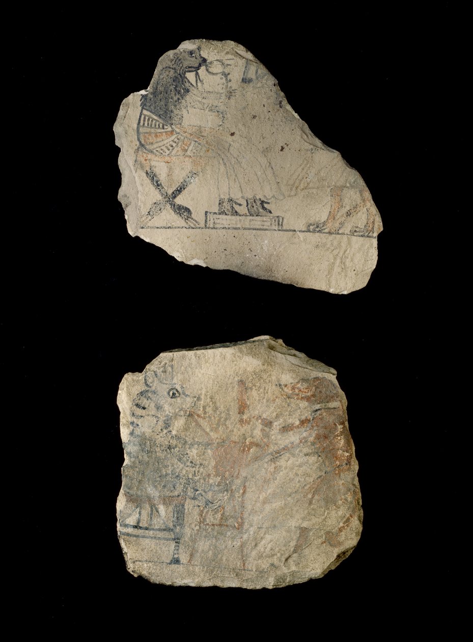 Kalkstenen ostraca met humoristische schetsen in rode en zwarte inkt door Egyptian 19th Dynasty