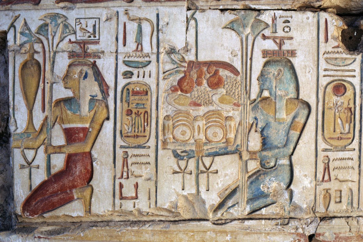 Offerscène, reliëf, Tempel van Ramses II, Abydos, Egypte, Egyptische beschaving, Nieuwe Koninkrijk, Dynastie XIX (foto) door Egyptian 19th Dynasty