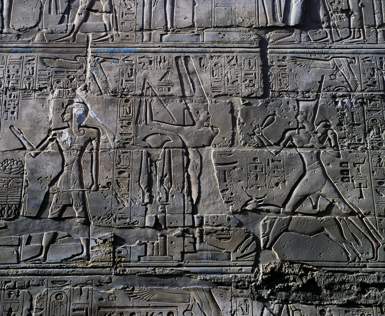 Koningin Hatsjepsoet voor God Amon, detail van scènes van offers aan goden, reliëf, binnenmuren van de Grote Hypostyle Hal, Karnak tempelcomplex (Unesco Werelderfgoedlijst) door Egyptian 19th Dynasty