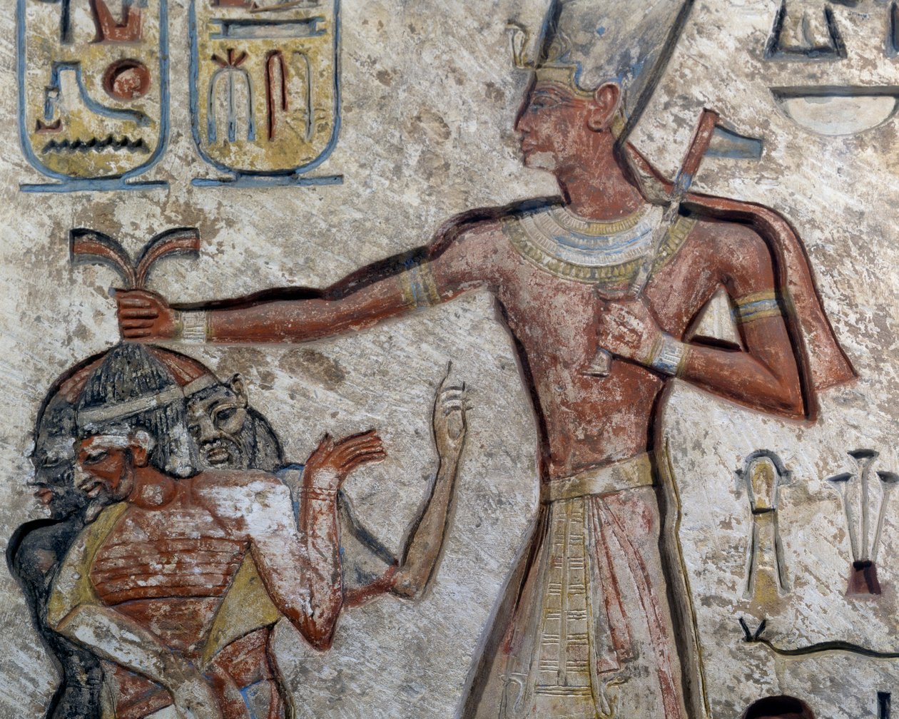 Ramesses II houdt gevangenen bij hun haar vast, Detail, Egyptische beschaving, Nieuwe Koninkrijk, Dynastie XIX door Egyptian 19th Dynasty