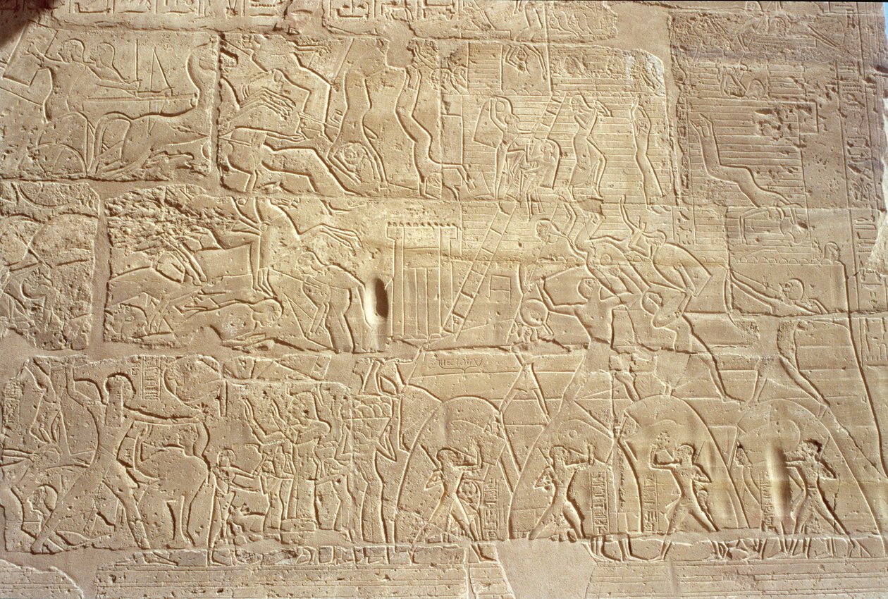 Reliëf dat Egyptische troepen toont die de Hettitische stad Dapur bestormen, uit de Grote Hypostyle Hal, Nieuwe Koninkrijk, c.1297-1185 v.Chr. door Egyptian 19th Dynasty