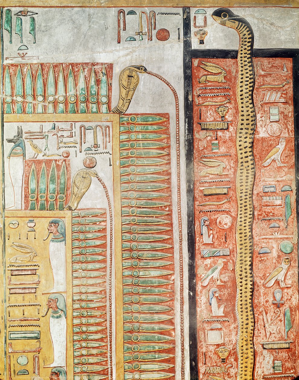 Reliëf met het pad dat de doden moeten oversteken naar het hiernamaals, uit het graf van Seti I door Egyptian 19th Dynasty