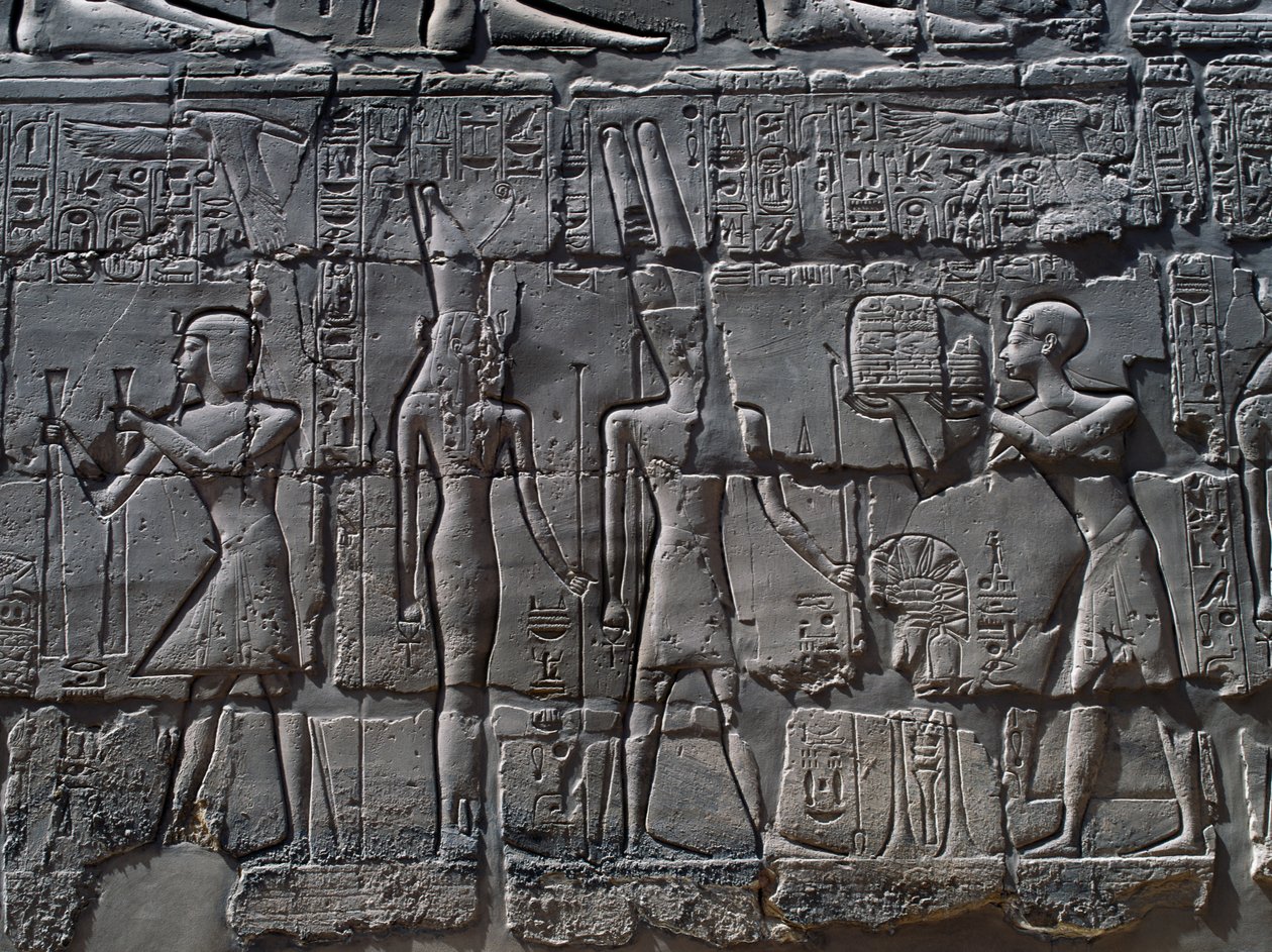 Scènes van offers aan goden, reliëf, binnenmuren van Grote Hypostyle Hal, Karnak tempelcomplex (Unesco Werelderfgoedlijst) door Egyptian 19th Dynasty