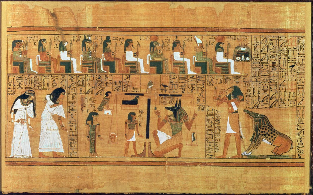 Het wegen van het hart tegen de veer van de waarheid, uit het Dodenboek van de schrijver Any, ca. 1250 v.Chr. door Egyptian 19th Dynasty
