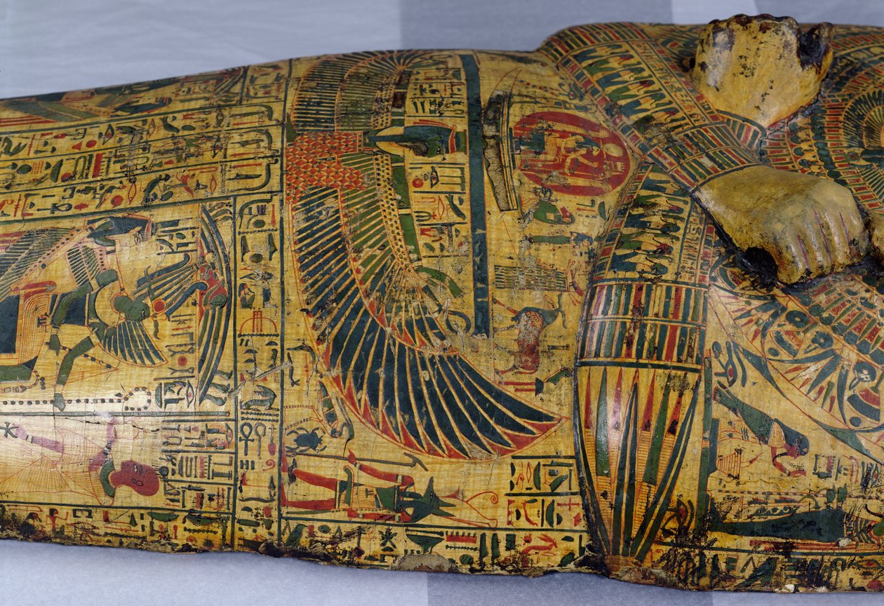 Detail van de buitenste kistdeksel van de mummie van Nesyamun, mogelijk gevonden in Deir El-Bahri, Nieuwe Koninkrijk, c.1100 v.Chr. (beschilderd hout) door Egyptian 20th Dynasty