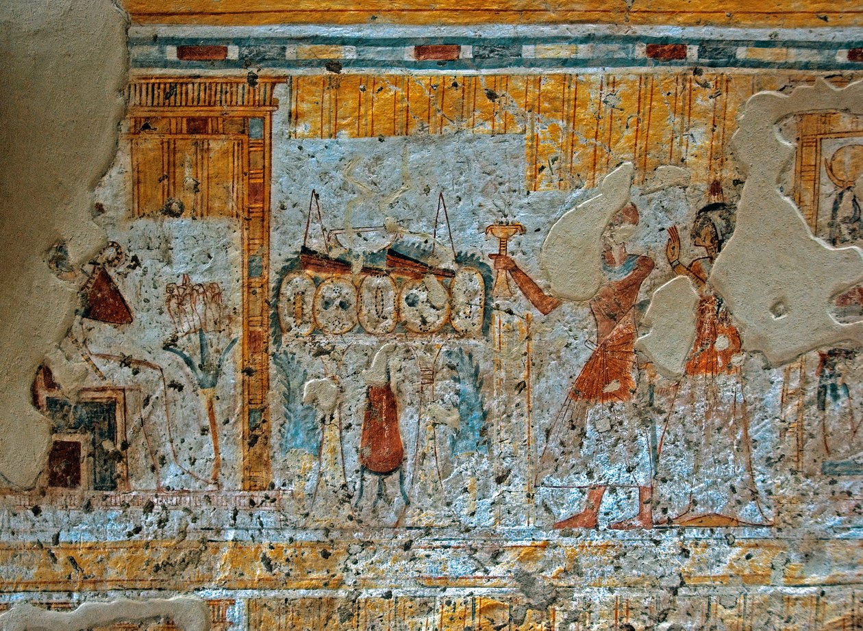 Egyptische oudheid: voorstelling van Shuroy en zijn vrouw die de god Osiris aanbidden, zittend voor de vier zonen van Horus in een papyrusblad. Schildering van het graf van Shuroy (TT13). 20e dynastie. 1190-1077 v.Chr. Necropolis van Dra Abu el-Naga, Westo door Egyptian 20th Dynasty