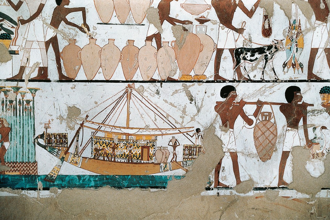 Muurschildering met scène van wijntransport per boot, uit het Nieuwe Rijk door Egyptian 20th Dynasty