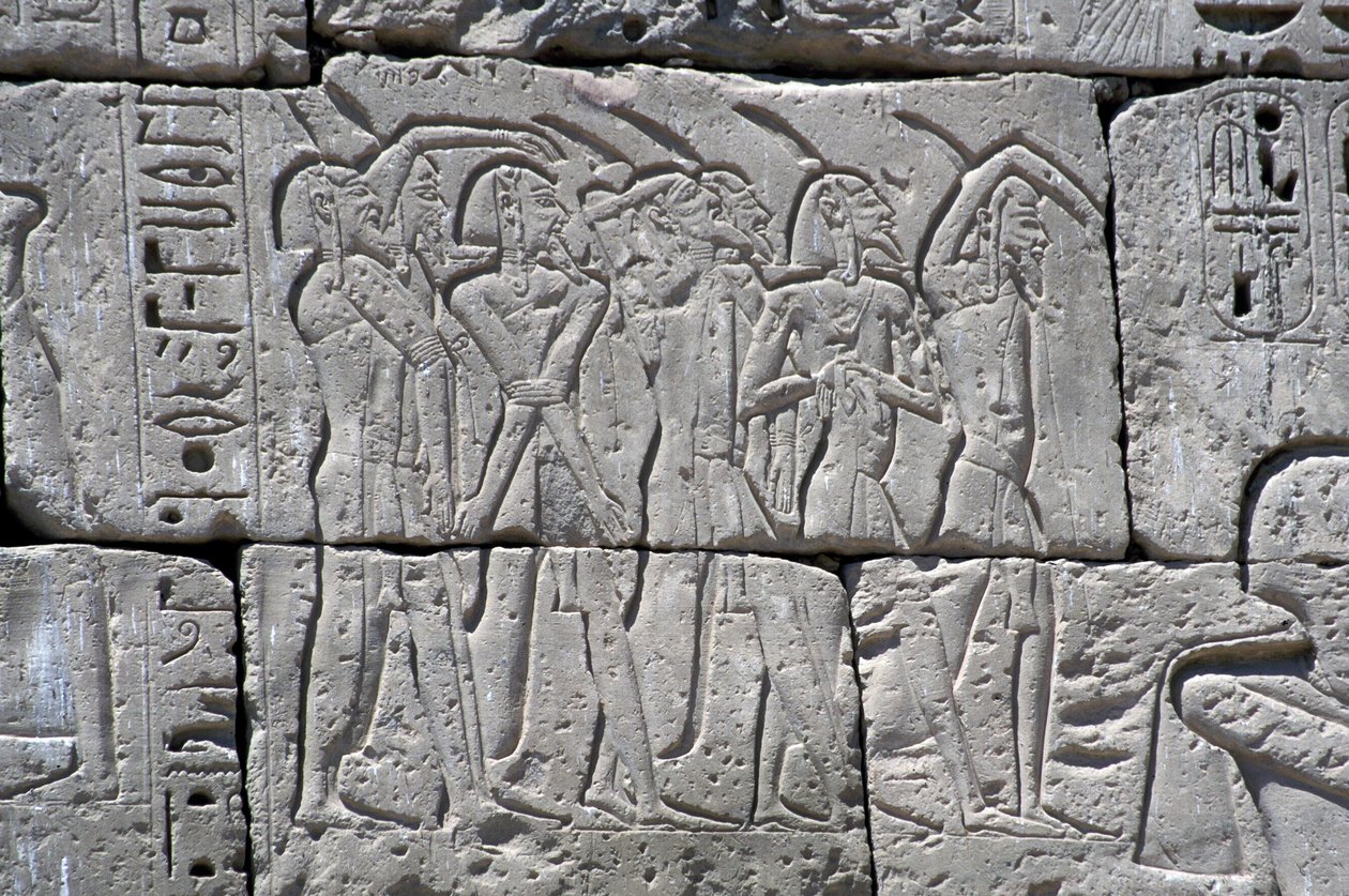Reliëf met afbeelding van noordelijke gevangenen bij de Slag van Ramses III, Grote Tempel van Medinet door Egyptian 20th Dynasty