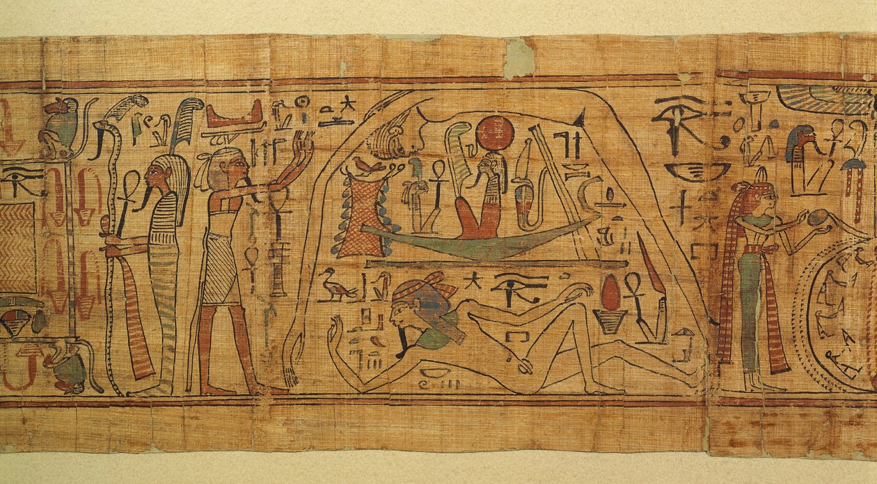 Boek van mythologische afbeeldingen van Nespakachuty, de scheiding van hemel en aarde met de zonneboot door Egyptian 21st Dynasty