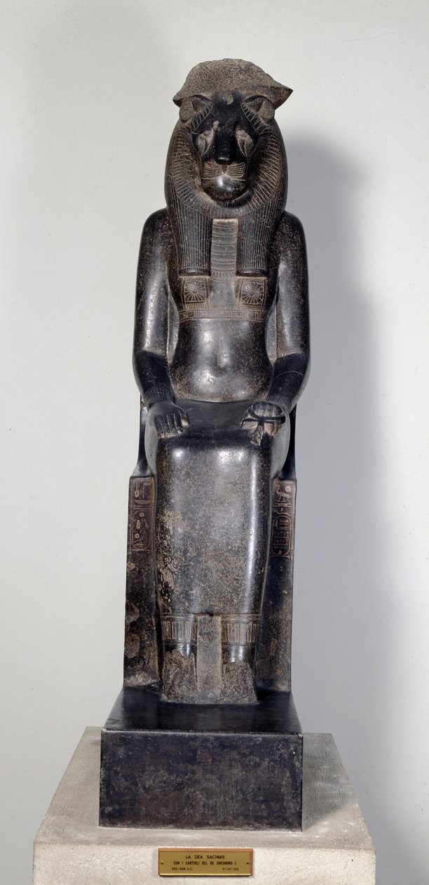 Egyptische antiquiteit: de leeuwin godin Sekhmet met de cartouche van koning Sheshonq I. Beeld van zwart graniet. 950-929 v.Chr. Turijn, Egyptisch museum door Egyptian 22nd Dynasty