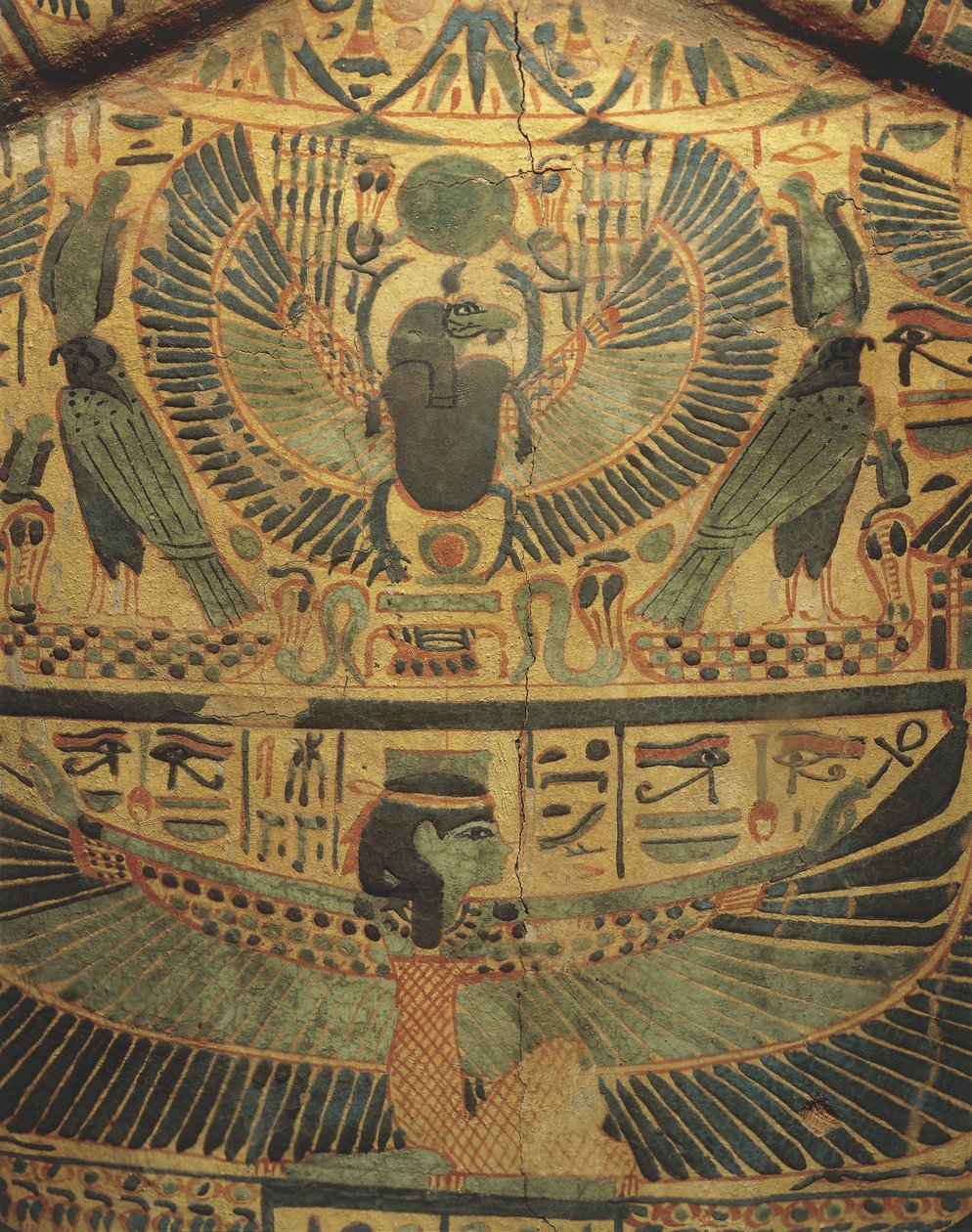 Mummiedeksel met gevleugelde godheid die scarabee beschermt, symbool van eeuwigheid door Egyptian 22nd Dynasty