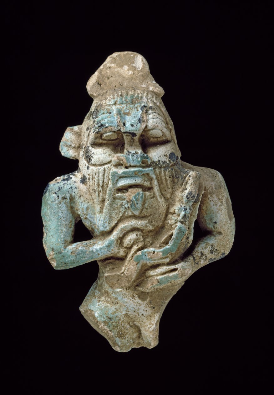 Faience amulet van Bes die een Horus voedt, ca. 770-715 v.Chr. door Egyptian 25th Dynasty