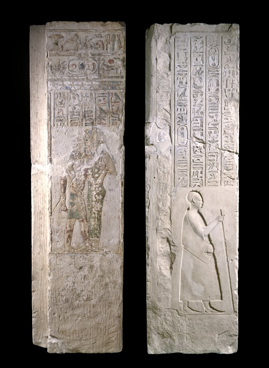 Deurpost met afbeelding van koning Nectanebo I die wordt verzorgd door Hathor, 380-343 v.Chr., Late Periode (kalksteen) door Egyptian 30th Dynasty