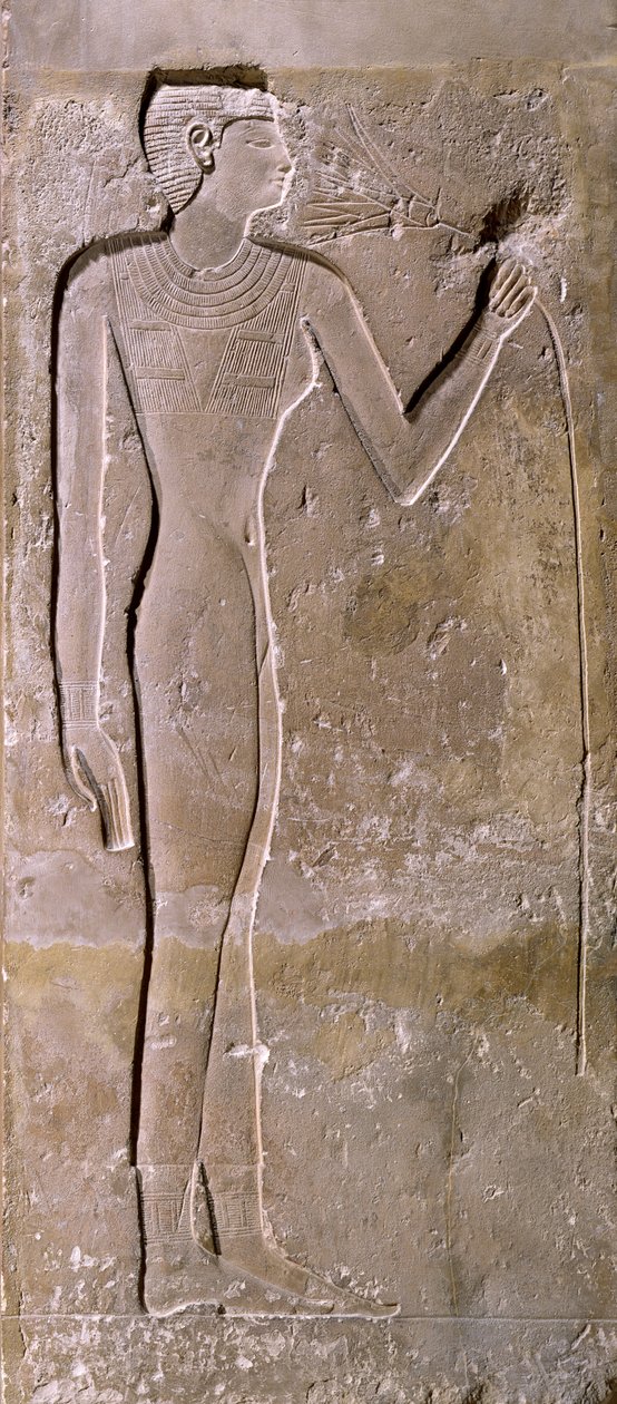 Zuil met een vrouw die aan een lotus ruikt, Oude Koninkrijk, 2423-2263 v.Chr. door Egyptian 5th Dynasty