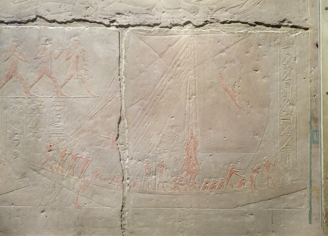 Reliëf dat een bootreis uitbeeldt, uit de Mastaba van Akhethotep, Oude Koninkrijk, ca. 2400 v.Chr. (beschilderd kalksteen) door Egyptian 5th Dynasty