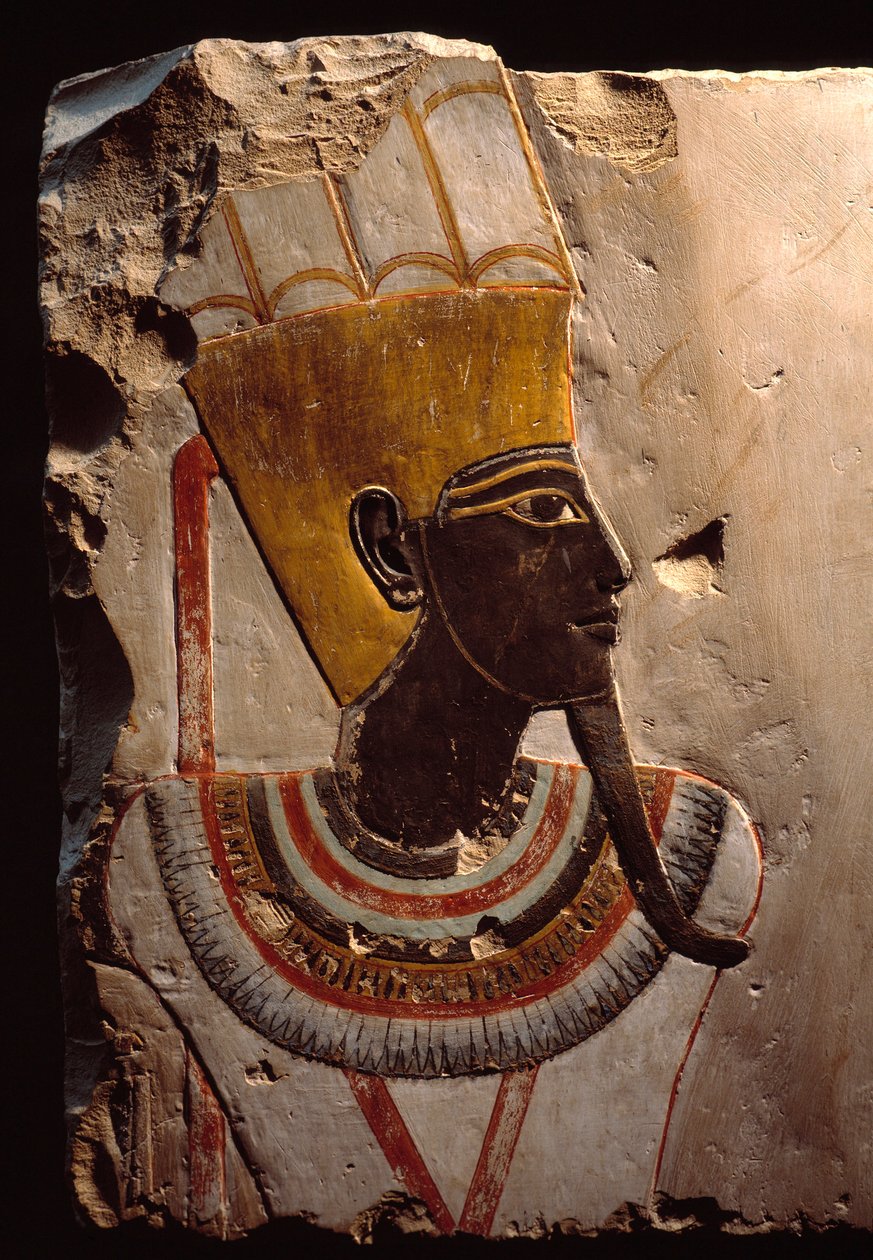 Egyptische oudheid: detail van een schilderij op kalksteen dat de vruchtbaarheidsgod Amon Min (Amon-Min) afbeeldt. Luxor, Egyptisch Kunstmuseum door Egyptian Egyptian