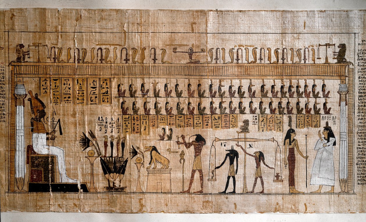 Egyptische oudheid: het wegen van de zielen (psychostase). Papyrus uit het Dodenboek. Turijn, Egyptisch Museum door Egyptian Egyptian