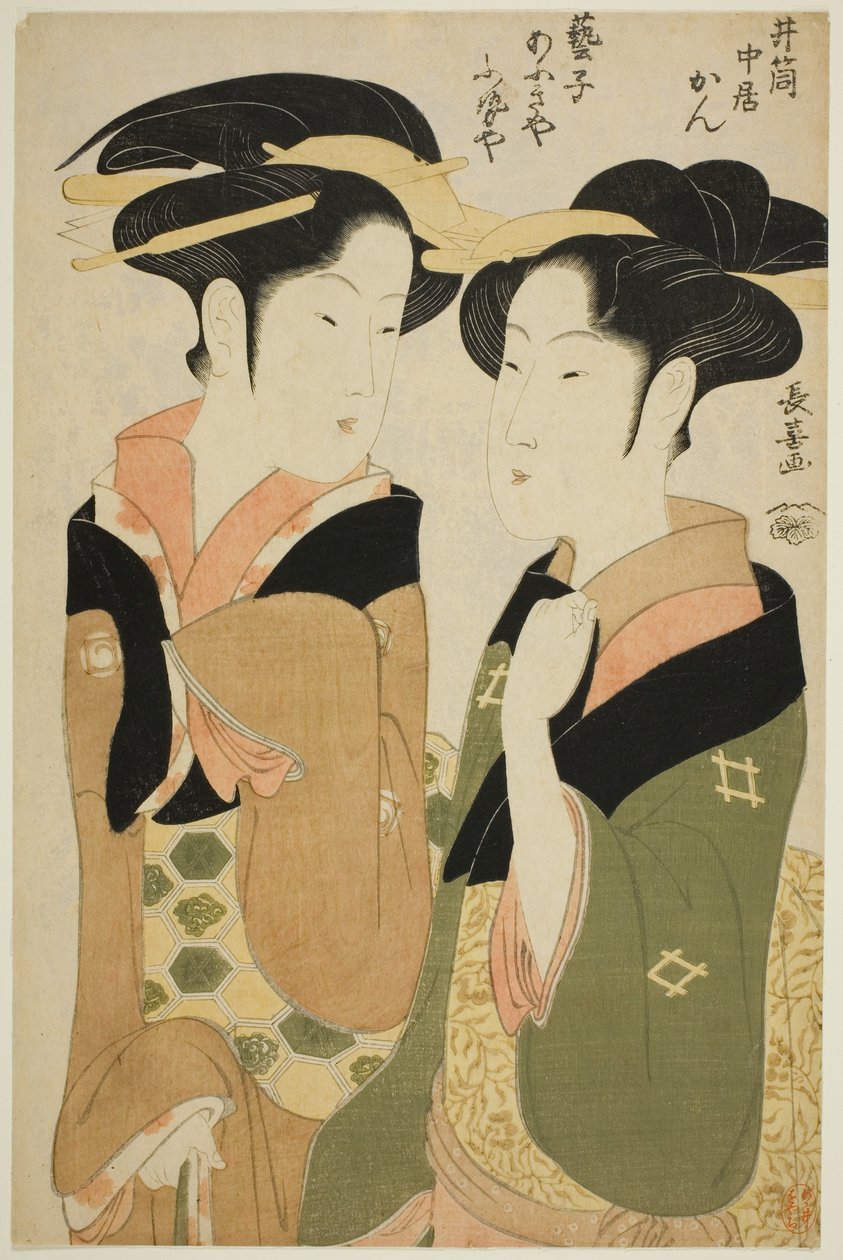 Kan, een serveerster van de Izutsuya, en de geisha Fuseya van de Ogiya door Eishōsai Chōki