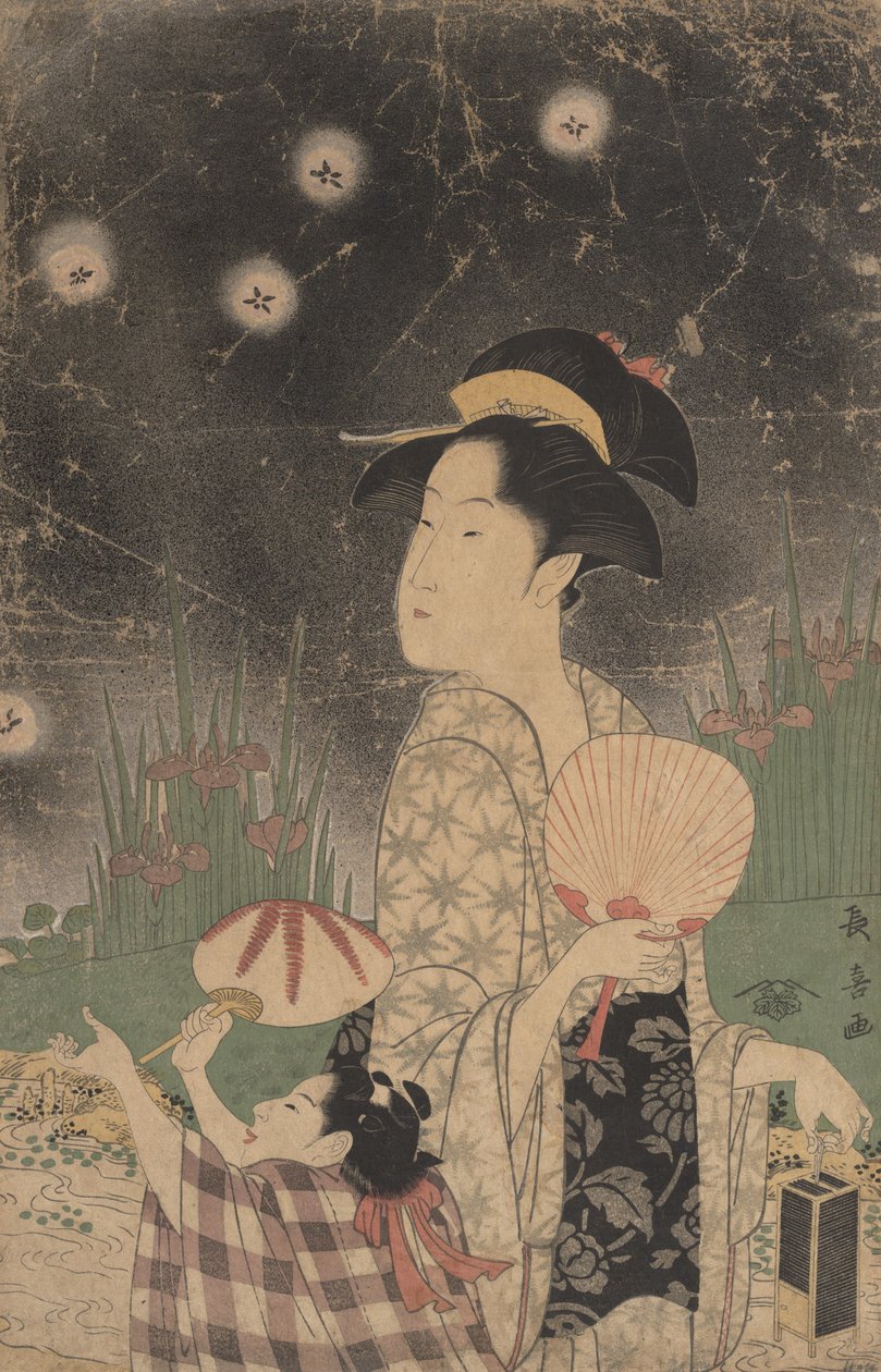 Vrouw en Kind Vangen Vuurvliegjes, ca. 1793 door Eishōsai Chōki