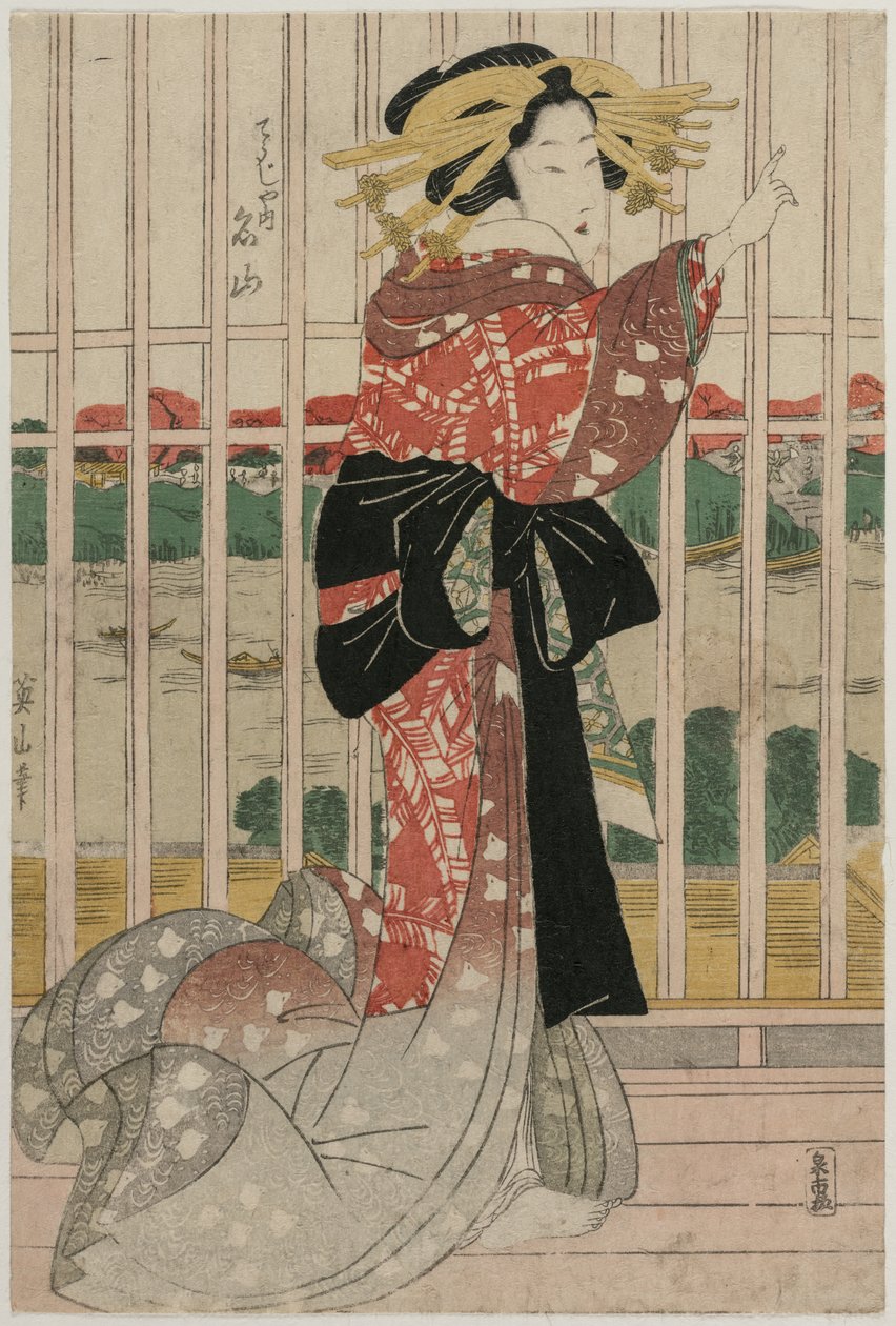 De Courtisane Meizan van de Chojiya op een Balkon met Uitzicht op de Sumida-rivier, ca. begin of midden 1820s door Kikugawa Eizan