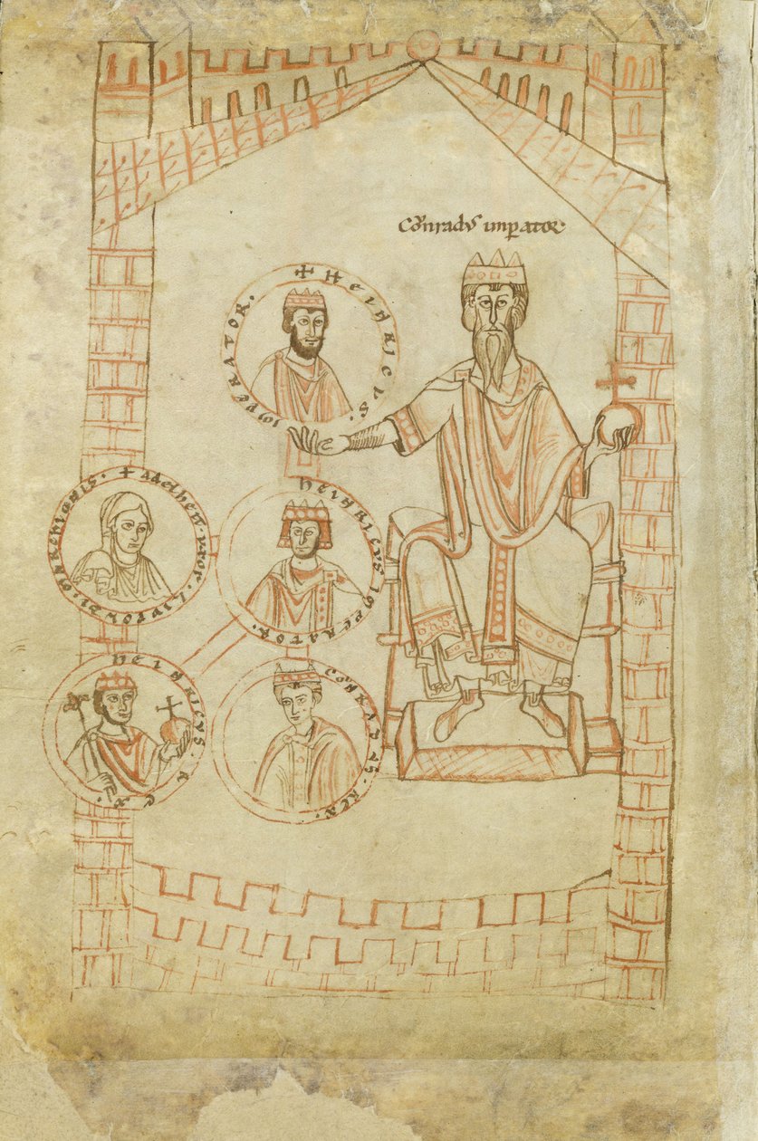 Stamboom van de Salische dynastie: Koenraad II, Hendrik III, Hendrik IV, zijn vrouw Eupraxia van Kiev, Hendrik V, 12e eeuw door Ekkehard of Aura