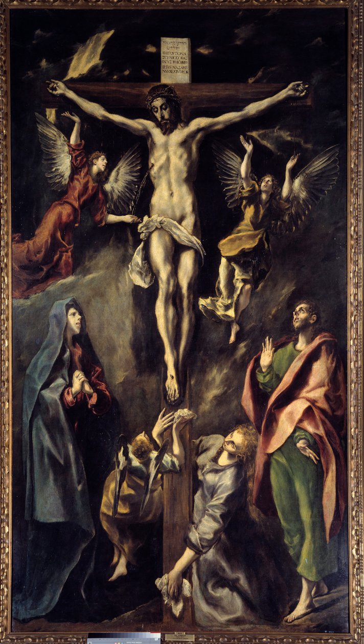 De kruisiging Schilderij door Domenikos Theotokopoulos (El Greco) (1541-1614) 17e eeuw door El Greco