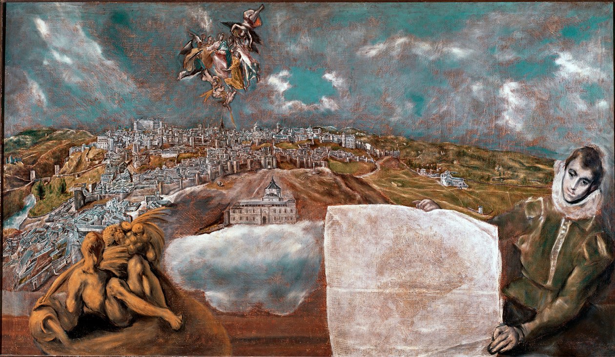 Gezicht op de stad Toledo in Spanje en het vlakke land eronder. Schilderij door Domenikos Theotokopoulos, bekend als El Greco (1541-1614) 1608-1614. Dim. 132x228 cm. Toledo, Museum van El Greco door El Greco