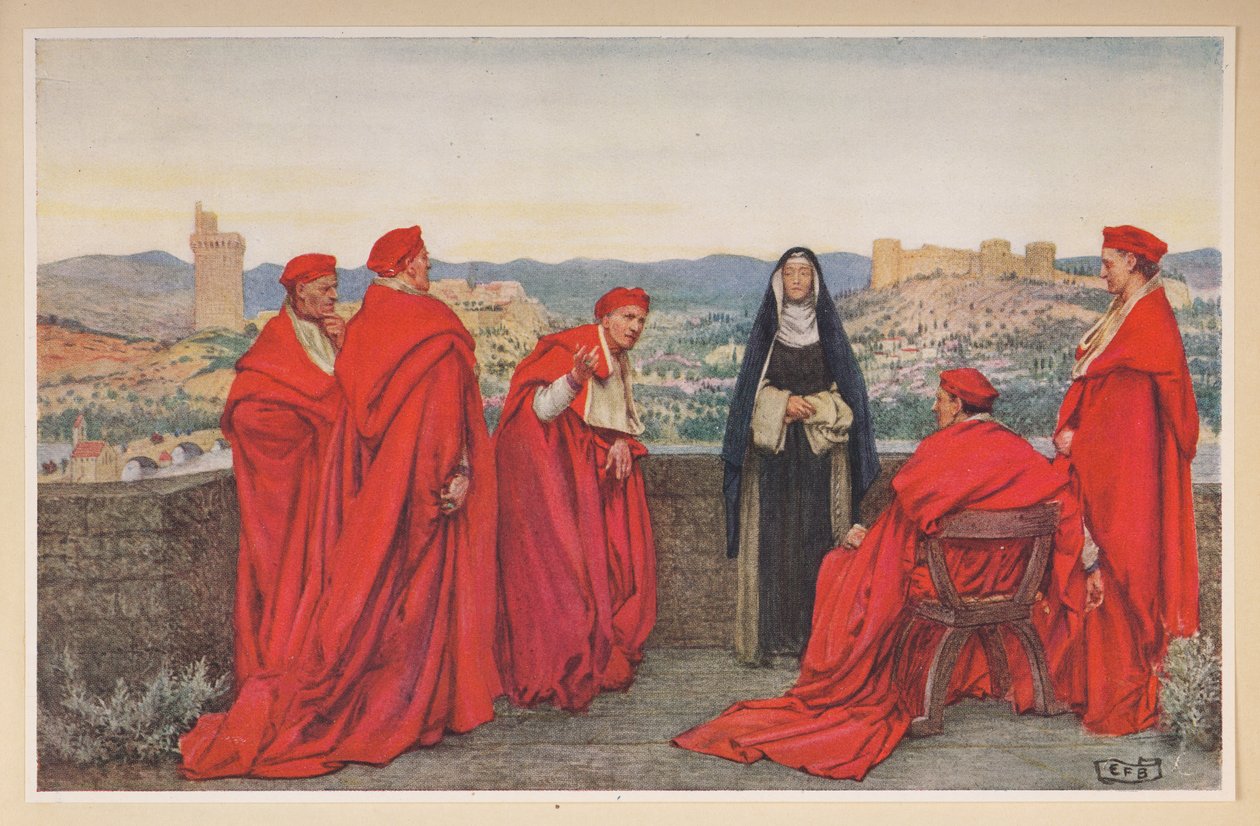 Sint-Catharina van Siena onderhandelt met paus Gregorius XI namens de Florentijnen. door Eleanor Fortescue Brickdale