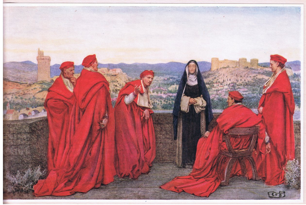 St. Catharina van Siena onderhandelt met paus Gregorius XI namens de Florentijnen door Eleanor Fortescue Brickdale