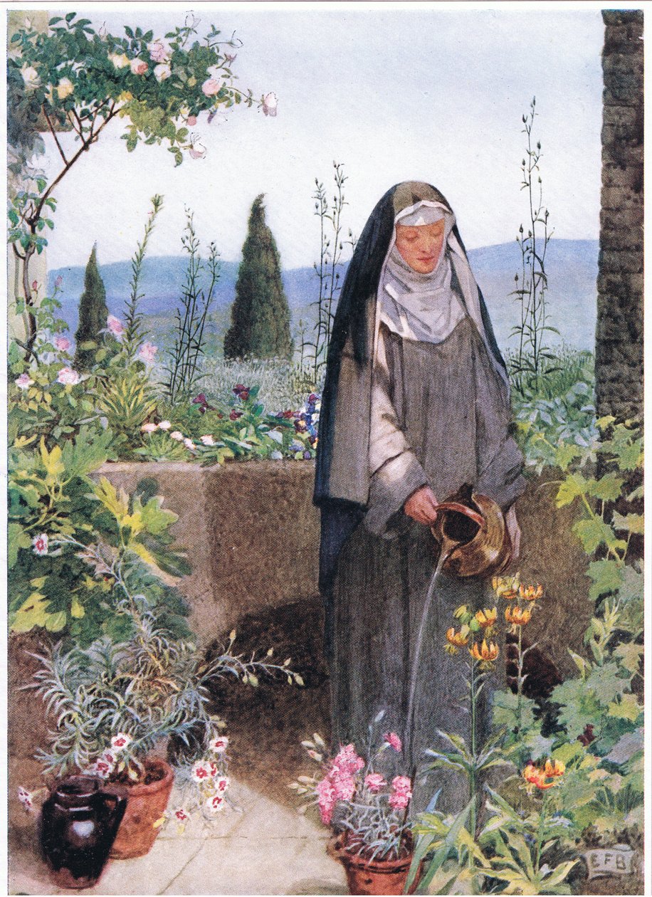 Sint Clara in de tuin van het klooster dat ze stichtte door Eleanor Fortescue Brickdale