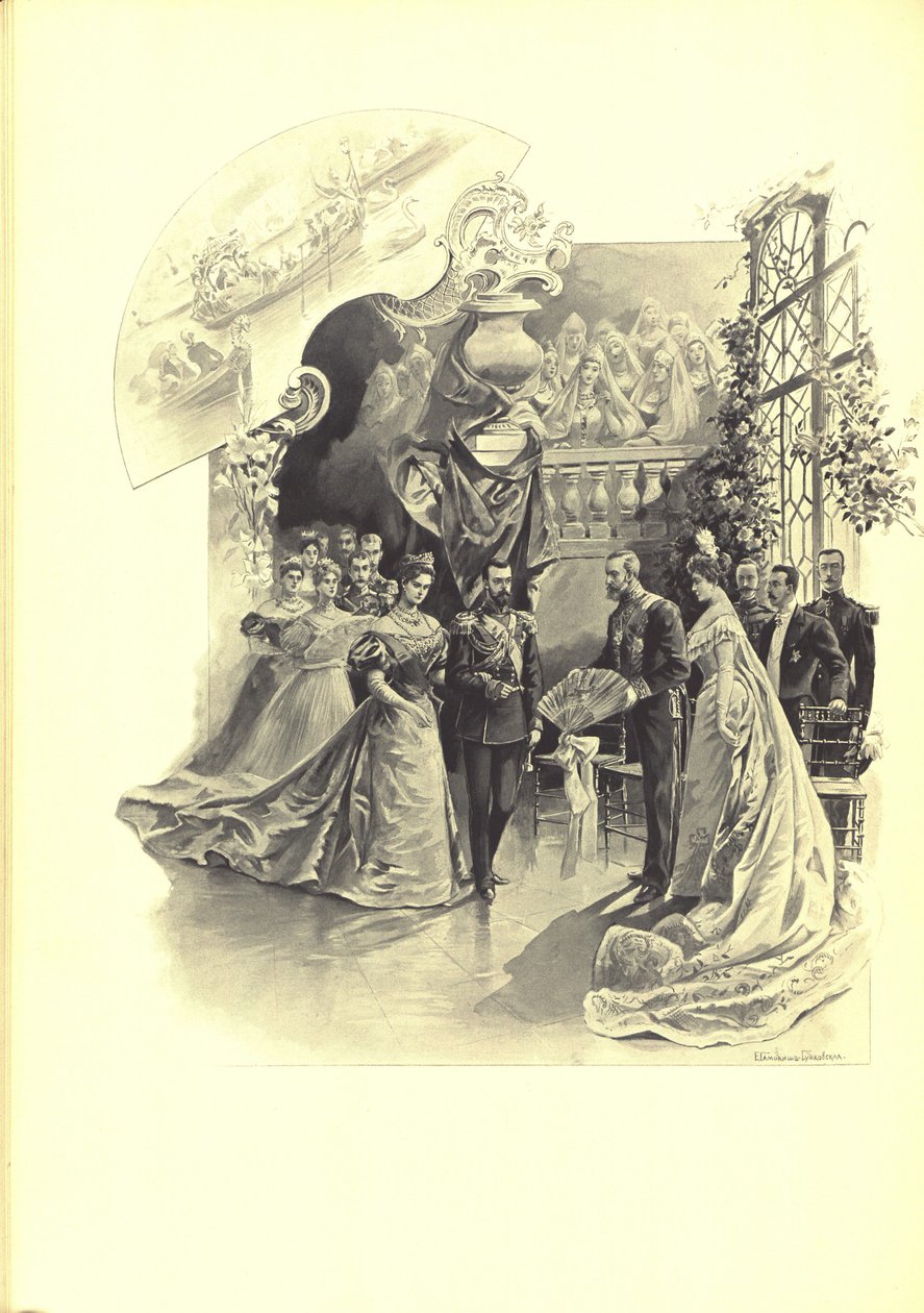 Alexandra Fjodorovna en Nicolaas II tijdens de ceremoniële ontvangst bij de Franse Ambassade, 1899 door Elena Petrovna Samokish Sudkovskaya