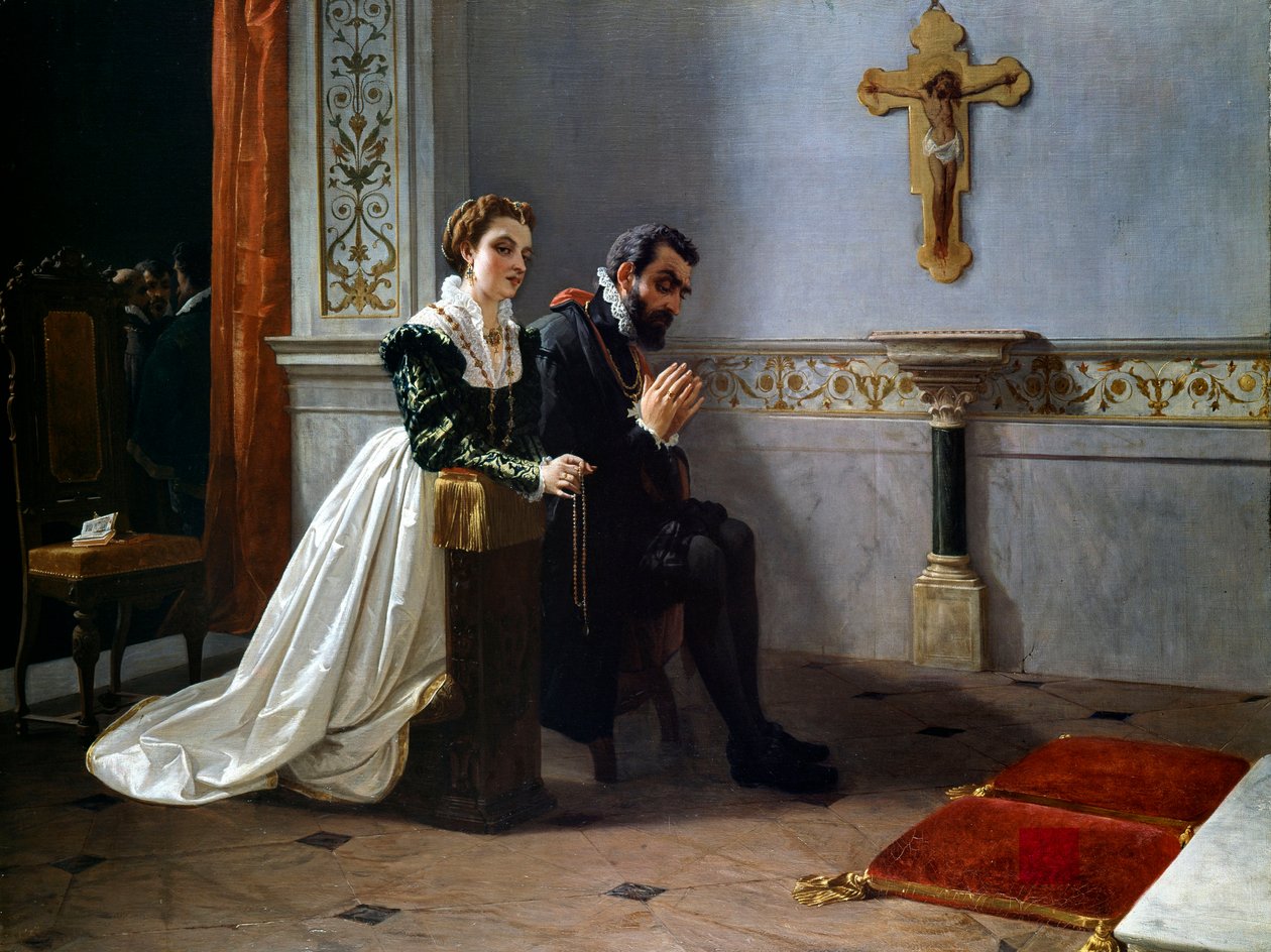 Bianca Cappello en Francesco I de Medici bidden voor een crucifix (olieverf op doek) door Eleuterio Pagliano