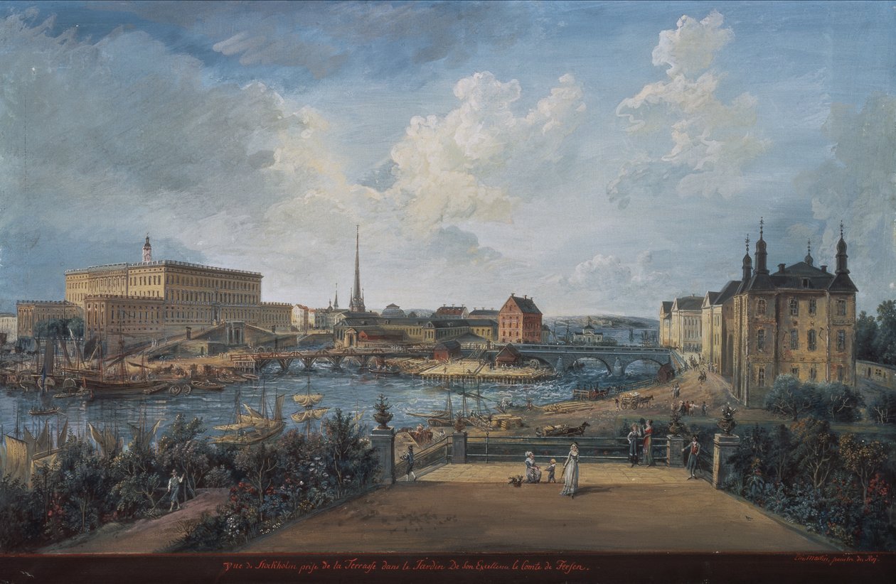 Uitzicht op Stockholm vanaf het Fersen-terras met het paleis Makalos door Elias Martin
