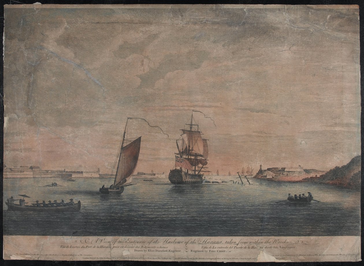 Een uitzicht op de ingang van de haven van Havana, genomen vanuit de wrakken, Havana door Elias (after) Durnford