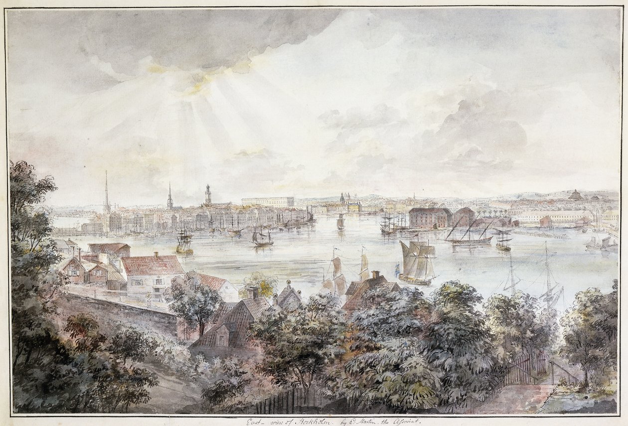 Een uitzicht op Stockholm vanaf Söder met het Koninklijk Paleis, Storkyrkan, Riddarholmskykan en Tyska kyrkan door Elias Martin