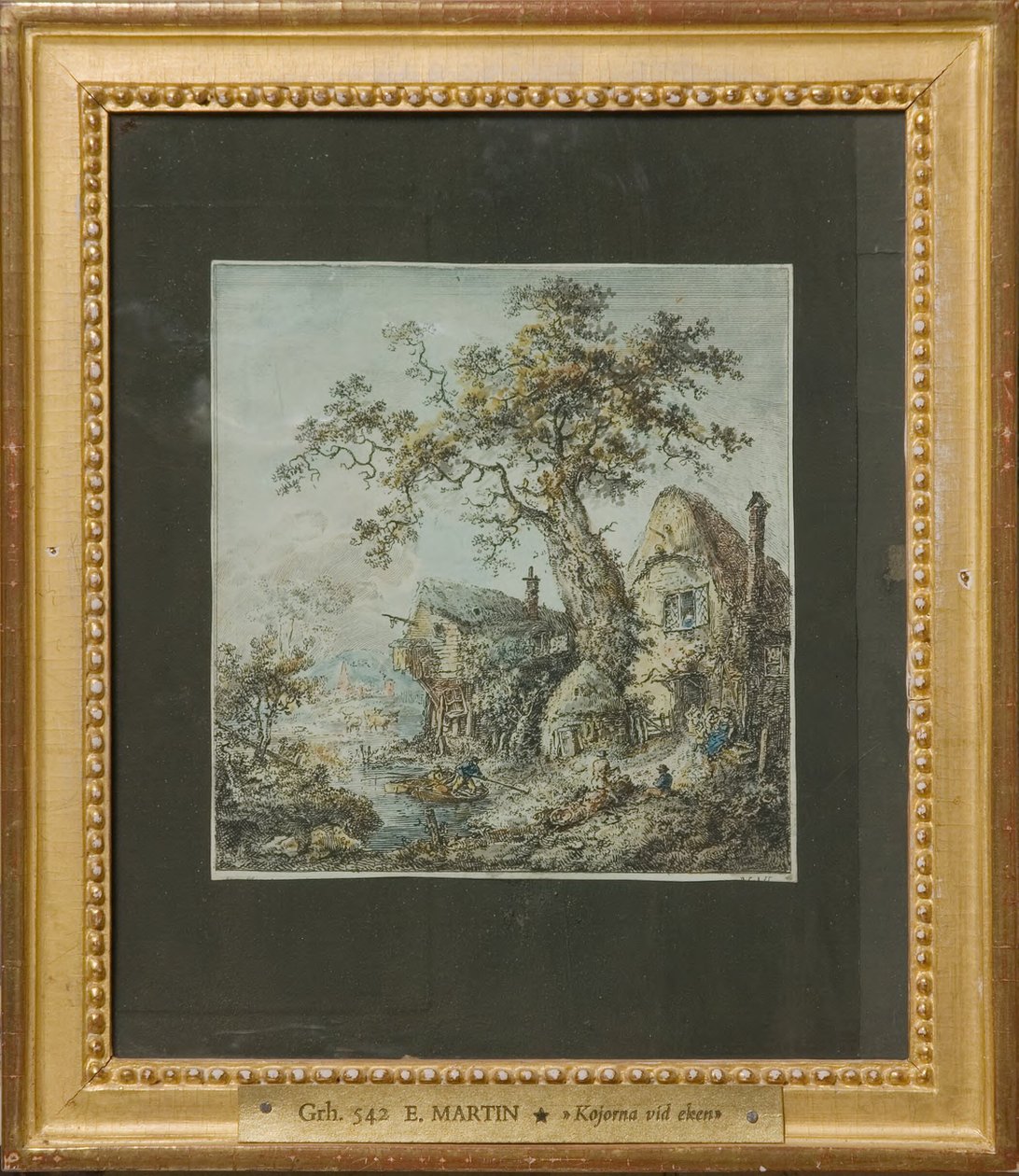 Landschaft mit Bauernhof oder Hütten bei der Eiche door Elias Martin