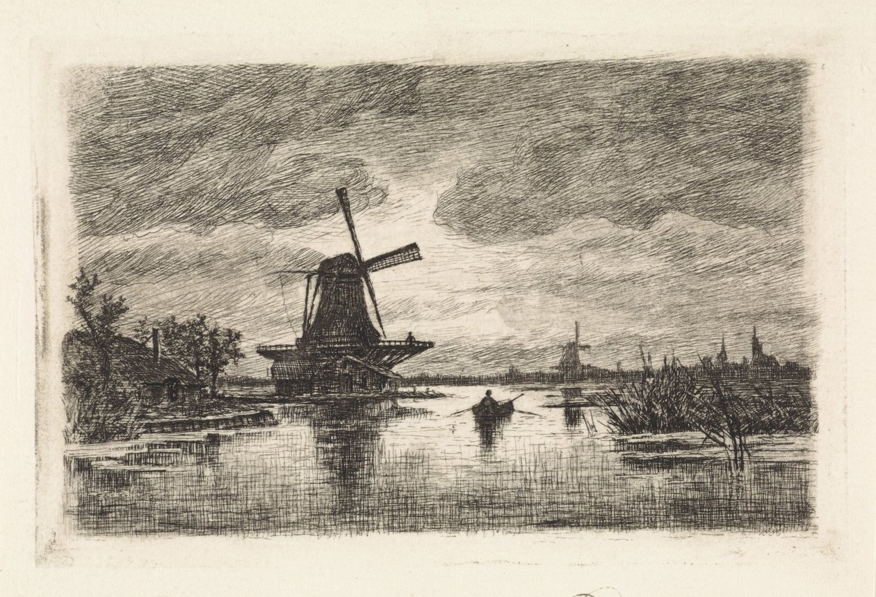 Landschap met twee molens en een roeiboot door Elias Stark